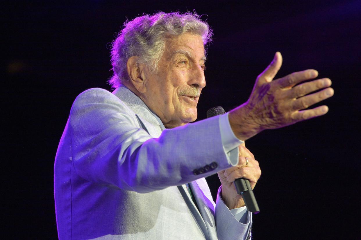 Tony Bennett performs on stage during an invitation only concert at the newly opened Encore Boston Harbor Casino in Everett, Massachusetts on August 8, 2019. (Photo by Joseph Prezioso / AFP via Getty Images)