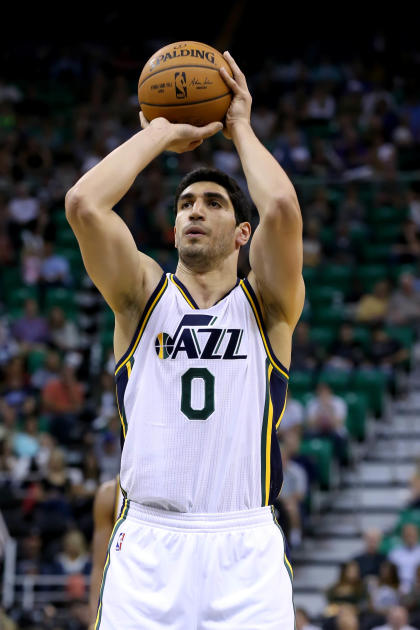 Oct 7, 2014; Salt Lake City, UT, USA; Utah Jazz center Enes Kanter (0) shoots a foul shot against the Portland Trail Blazers during the second half at EnergySolutions Arena. Utah Jazz won the game 92-73. (Chris Nicoll-USA TODAY Sports)