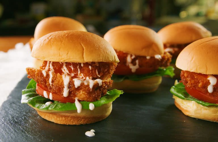 <p>There are two ways you can eat this mouthwatering chicken glazed with zesty buffalo sauce: in a delicious slider, or cut and tossed with a tasty dip. </p><p>Get the <a href="https://www.goodhousekeeping.com/food-recipes/a30381345/buffalo-glazed-chicken-two-ways-recipe/" rel="nofollow noopener" target="_blank" data-ylk="slk:Buffalo Glazed Chicken recipe;elm:context_link;itc:0;sec:content-canvas" class="link "><strong>Buffalo Glazed Chicken recipe</strong></a>.</p>