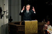 <p>Former Florida Governor Jeb Bush speaks during a funeral service for his mother, former first lady Barbara Bush at St. Martin’s Episcopal Church, April 21, 2018 in Houston, Texas. (Photo: David J. Phillip-Pool/Getty Images) </p>