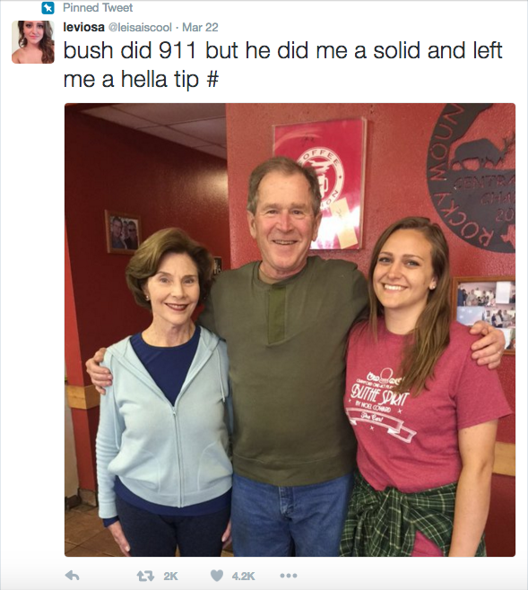 George W. Bush Left This Waitress a Huge Tip, and Her Tweet About It Is Going Viral