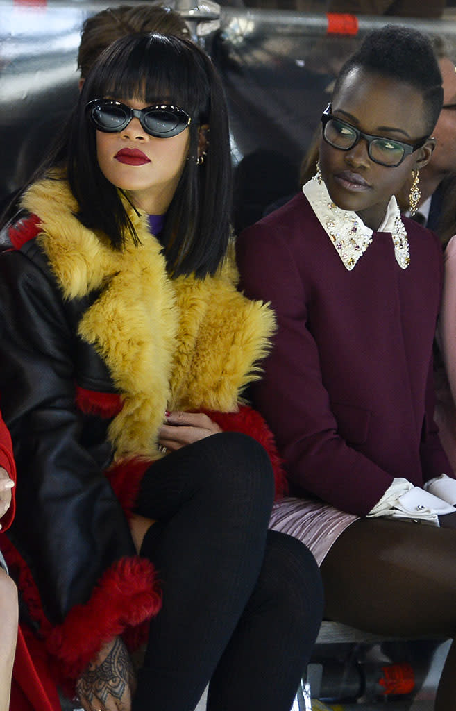 Rihanna, actresses Lupita Nyong'o and Elizabeth Olsen attend the Miu Miu show