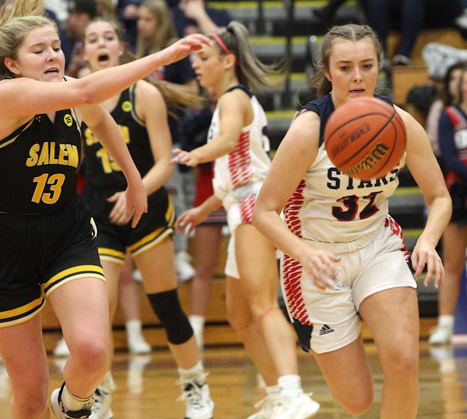 BNL's Madisyn Bailey races in to score after stealing the ball from Salem's Natalie Noel Tuesday night. Bailey led the Lady Stars with 15 points.