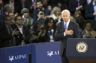 FILE - In this Sunday, March 20, 2016 file photo, Vice President Joe Biden places his hand over his heart after addressing the American Israel Public Affairs Committee (AIPAC) Policy Conference in Washington. Jewish American voters have leaned Democratic for decades, but the GOP is still eyeing modest gains with the constituency in states where President Donald Trump could reap major benefits with even small improvements over his performance in 2016. (AP Photo/Cliff Owen)