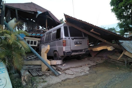 A damaged house is seen after an earthquake hit in Palu, Indonesia Sulawesi Island, September 29, 2018. Antara Foto/BNPN via REUTERS