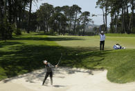 Brooke Henderson, of Canada, hits the ball out of a bunker up to the fifth green of the Lake Merced Golf Club during the first round of the LPGA Mediheal Championship golf tournament Thursday, May 2, 2019, in Daly City, Calif. (AP Photo/Eric Risberg)