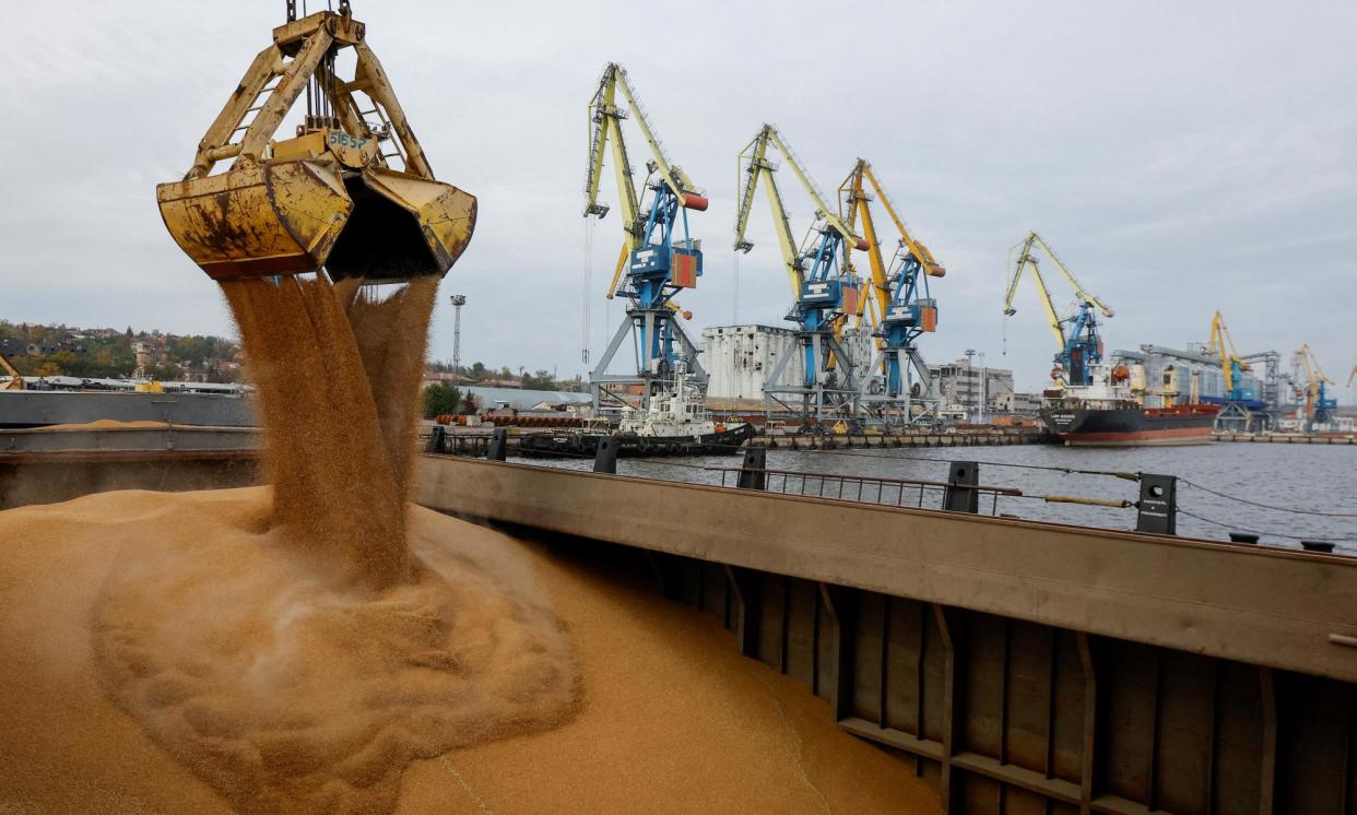 <span>Wheat grain being loaded at Mariupol port before its departure for the Russian city of Rostov-on-Don last October.</span><span>Photograph: Alexander Ermochenko/Reuters</span>
