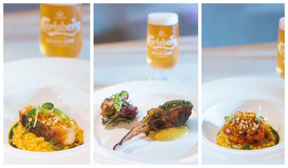 Main course: Choose between the Snapper seared with Bombay butter (left), Lamb Burra or Cauliflower Malabar (right). ― Pictures courtesy of Carlsberg Malaysia