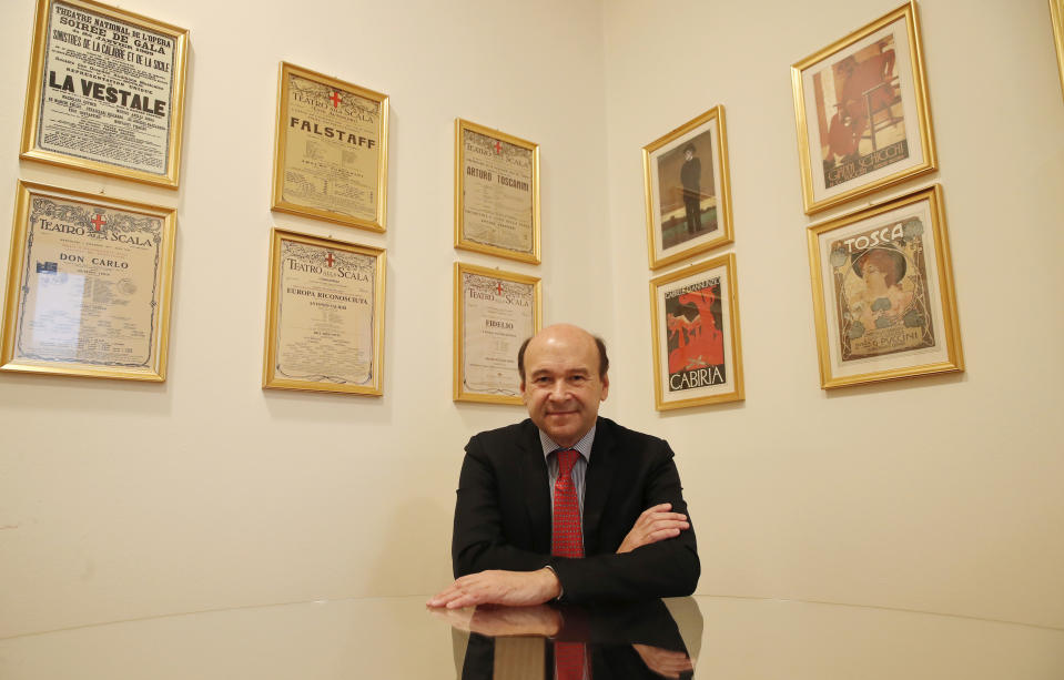 La Scala new general manager Dominique Meyer talks during an interview with The Associated Press, in Milan, Italy, Friday, Nov. 22, 2019. Frenchman Dominique Meyer for the coming months will be simultaneously guiding two of Europe’s most important opera houses, the Vienna State Opera, which he will leave officially in March to take over full time as general manager of the famed Teatro alla Scala in Milan. (AP Photo/Antonio Calanni)