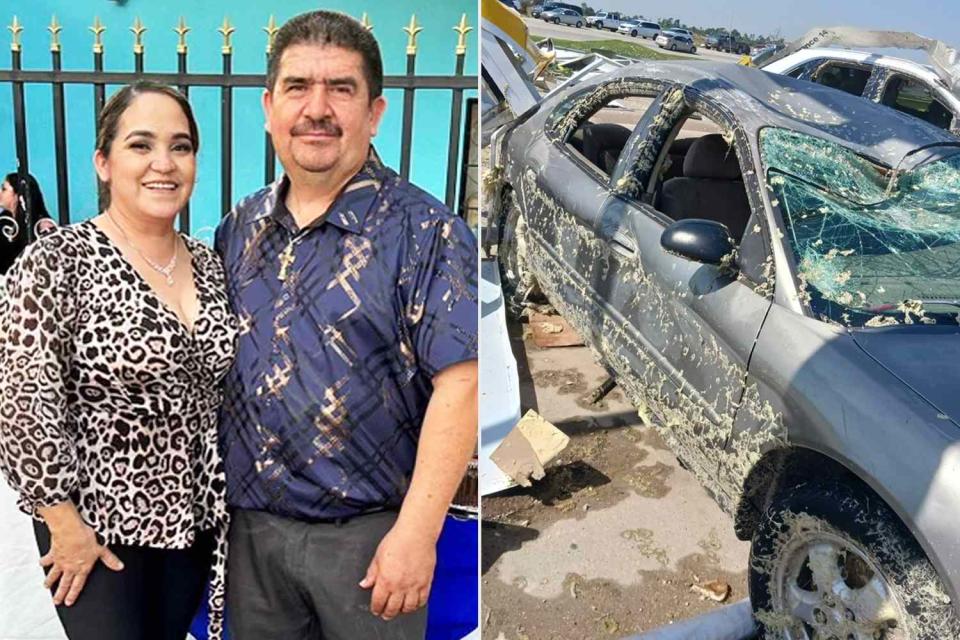 <p>Courtesy of the Parra Family</p> Anacristina Parra, left, with husband Hugo Parra. On the right is their Ford Taurus after a Memorial Day weekend tornado hit in Texas.