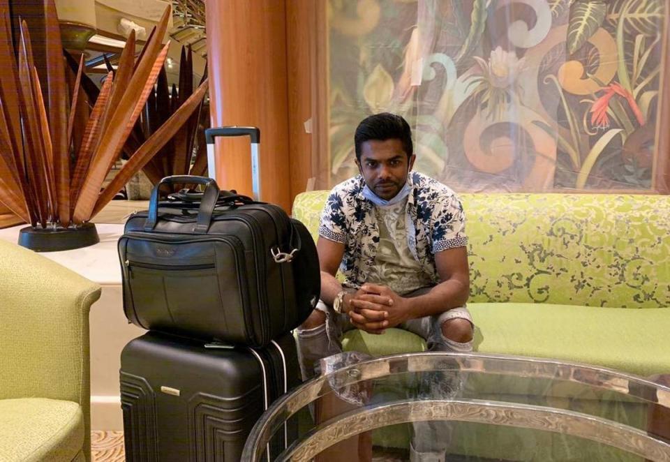 Gan Sungaralingum with his luggage on his last day aboard the Island Princess in Manila, July 3, 2020, before being flown to Amsterdam to board his third and final ship, the Emerald Princess.