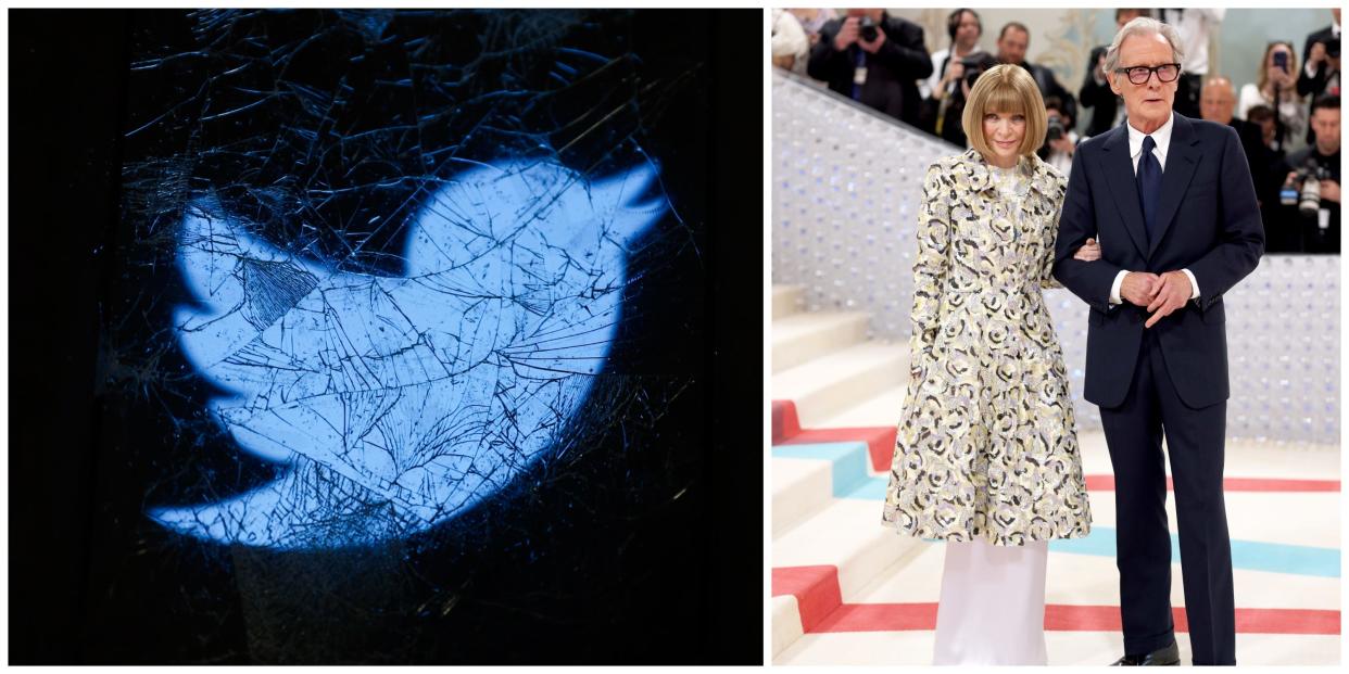 Twitter's blue bird logo on a black background is marred by cracks, composed next to Anna Wintour in a floral dressarm-in-arm with actor Bill Nighy wearing a navy suit.