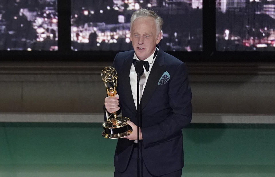 Mike White accepts the Emmy for outstanding writing for a limited or anthology series or movie for "The White Lotus" at the 74th Primetime Emmy Awards on Monday, Sept. 12, 2022, at the Microsoft Theater in Los Angeles. (AP Photo/Mark Terrill)