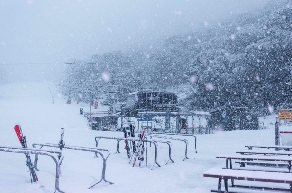 Snow falling at Thredbo ski resort on Thursday morning. Source: Twitter/ Thredbo Resort