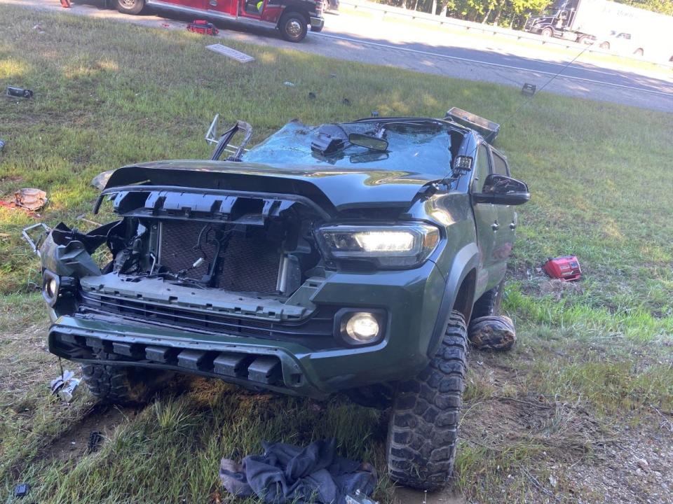 This Toyota pickup truck rolled over during a crash that happened on the Maine Turnpike in Ogunquit, Maine, on Sept. 14, 2022.