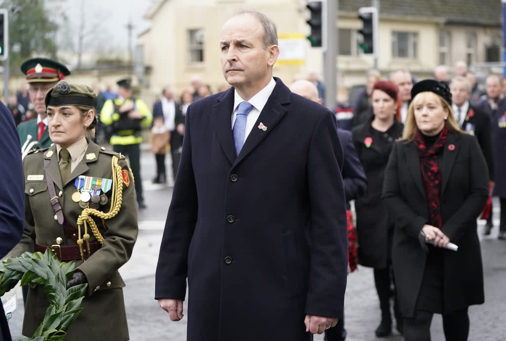 Taoiseach Michael Martin during the Remembrance Sunday service at the Cenotaph in Enniskillen (Niall Carson/PA) (PA Wire)