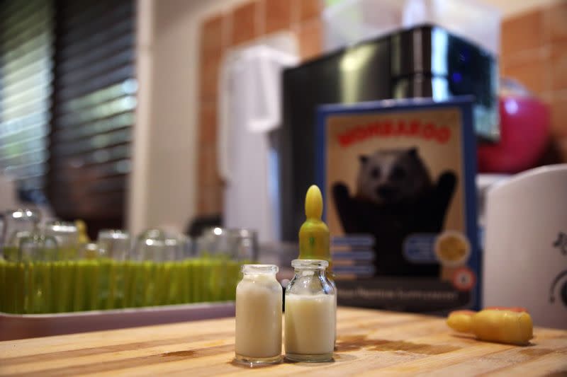 Milk bottles for baby flying foxes seen in Janine Davies' kitchen in Bomaderry