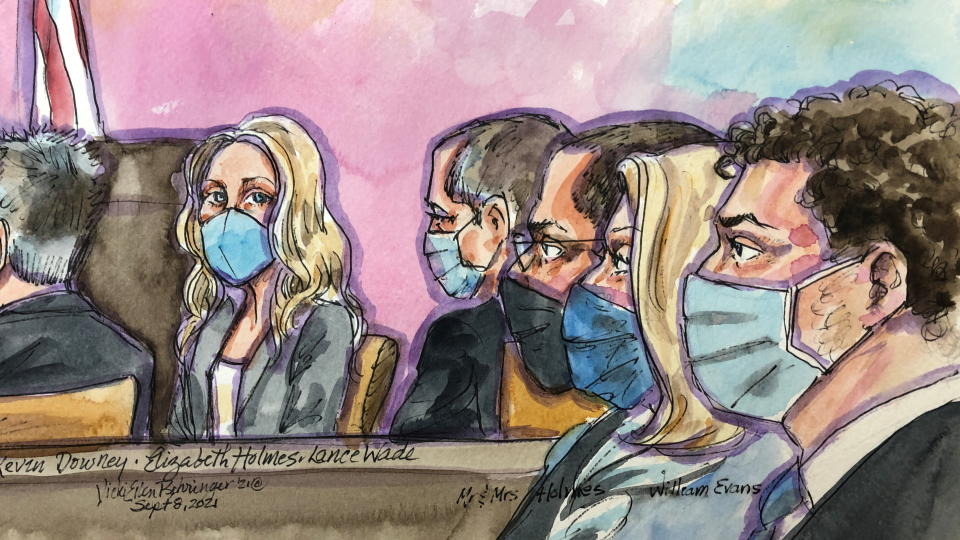 Theranos founder Elizabeth Holmes appears at Robert F. Peckham U.S. Courthouse for opening arguments in her trial, in San Jose, California, U.S., September 8, 2021 in this courtroom sketch.  REUTERS/Vicki Behringer