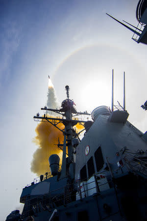 The Arleigh Burke-class guided-missile destroyer USS John Paul Jones conducts a flight test of the Aegis Ballistic Missile Defense System from the Pacific Missile Range Facility on Kauai, Hawaii, U.S., November 10, 2014. Courtesy U.S. Navy/Handout via REUTERS/Files