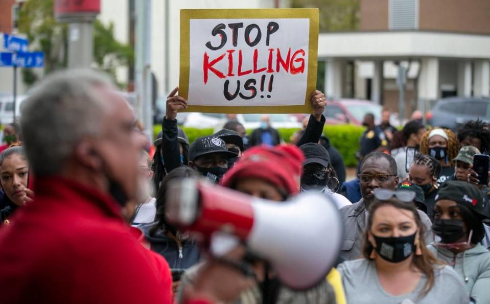 Kirk Rivers addresses demonstrators outside Elizabeth City, City Hall as they await members of the city council who held an emergency meeting on Friday, April 23, 2021 in regards to the shooting death of Andrew Brown Jr.