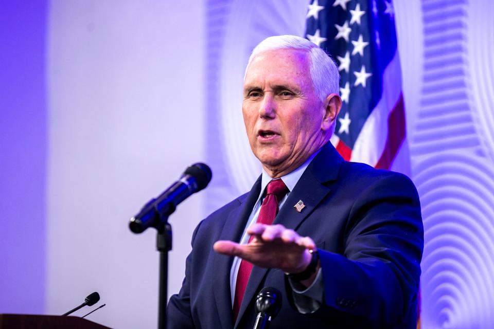 Former Vice President Mike Pence speaks at the Johnson County Republicans Reagan Dinner fundraiser, Wednesday, March 29, 2023, at Radisson Hotel & Conference Center in Coralville, Iowa.