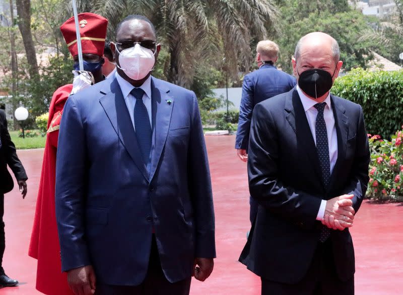 Senegal's president Macky Sall receives German Chancellor Olaf Scholz at the presidential palace in Dakar