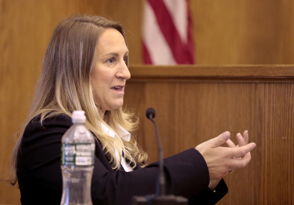 Designated forensic psychologist Kerry Nelligan testifies during a hearing for Roman Catholic Cardinal Theodore McCarrick on Wednesday, Aug. 30, 2023 in Dedham, Mass. McCarrick will not stand trial on charges he sexually assaulted a teenage boy decades ago, The judge dismissed the case against the 93-year-old because both prosecutors and defense attorneys agree he suffers from dementia. (Pat Greenhouse/The Boston Globe via AP, Pool)