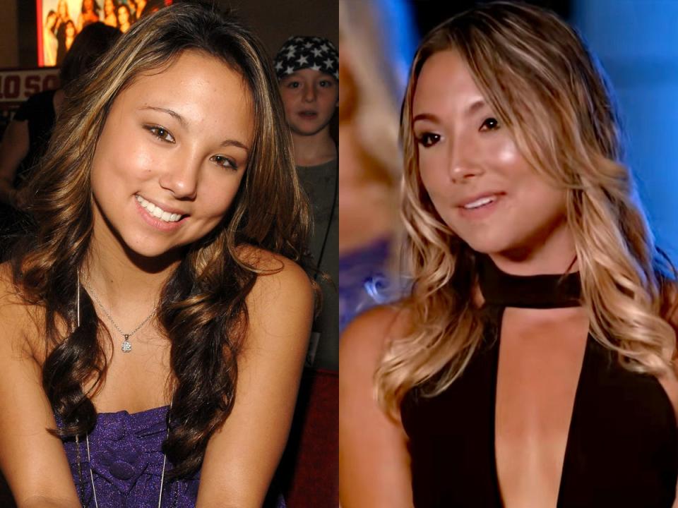 side by side photos of Allie DiMeco in her early naked brothers band days and on temptation island in 2019