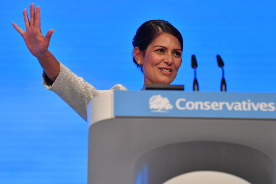 Britain's Home Secretary Priti Patel gestures after delivering her keynote speech on the third day of the annual Conservative Party conference at the Manchester Central convention complex, in Manchester, north-west England on October 1, 2019. - Britain will be tabling its new proposals on a Brexit deal "very soon", Prime Minister Boris Johnson said Tuesday, while distancing himself from a leaked plan about the Irish border. "We are going to make a very good offer. We will be tabling it formally very soon," Johnson told BBC television from Manchester, where he is holding his Conservative party's conference. (Photo by Ben STANSALL / AFP)        (Photo credit should read BEN STANSALL/AFP via Getty Images)