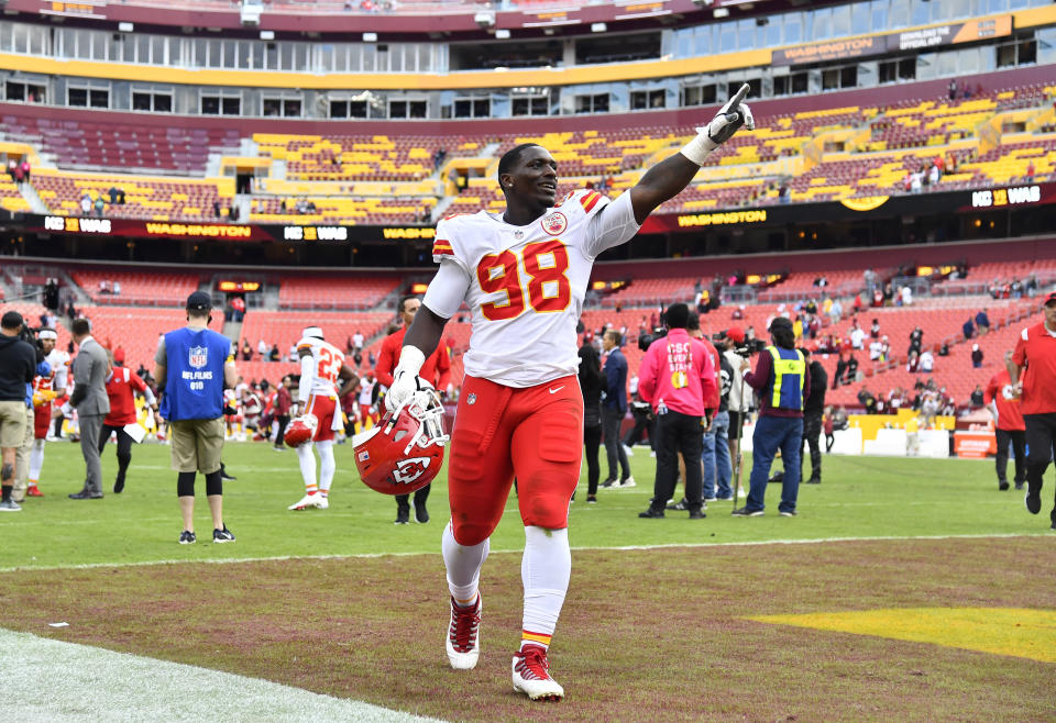 Oct 17, 2021; Landover, Maryland, USA; Kansas City Chiefs defensive end Tershawn Wharton (98) gestures after the game against the <a class="link " href="https://sports.yahoo.com/nfl/teams/washington/" data-i13n="sec:content-canvas;subsec:anchor_text;elm:context_link" data-ylk="slk:Washington Football Team;sec:content-canvas;subsec:anchor_text;elm:context_link;itc:0">Washington Football Team</a> at FedExField. Mandatory Credit: Brad Mills-USA TODAY Sports