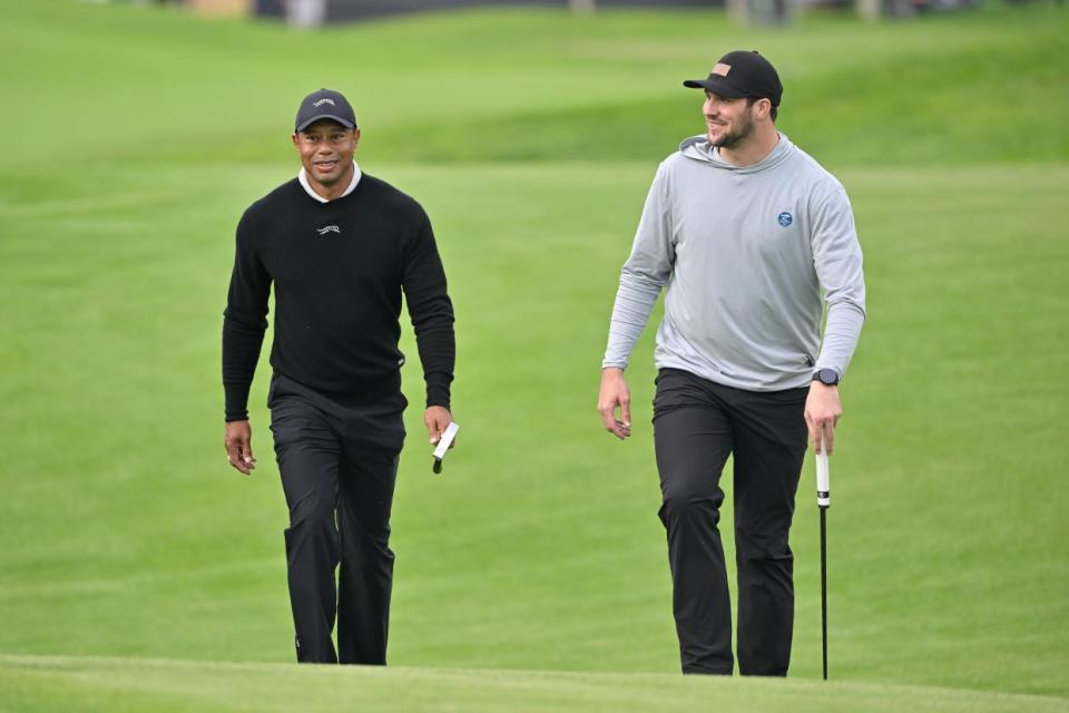 Tiger Woods played a practice round alongside Buffalo Bills quarterback Josh Allen on Wednesday at Riviera Country Club. (Ben Jared/PGA Tour/Getty Images)