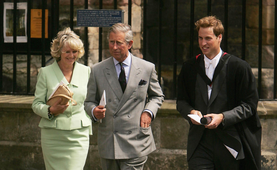 ST ANDREWS, SCOTLAND - JUNE 23:  (R-L) Prince William and the Duke and Duchess of Rothesay leave the Princes graduation ceremony, June 23, 2005 in St Andrews, Scotland.  The Prince, who earnt a 2:1 class Ma in Geography will lose the special protection set up to prevent the media from trailing him whilst he was in full-time education. William will be conducting his first solo official engagements in New Zealand over the next few months which will include ceremonies marking the anniversary of the end of World War II.  (Photo by Bruno Vincent/Getty Images)