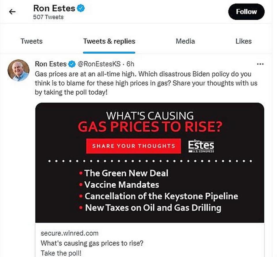 Screen shot of Rep. Ron Estes’ tweet.