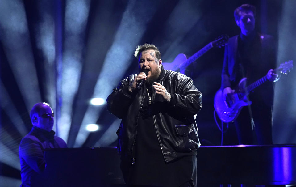 Jelly Roll performs "Love Can Build a Bridge" at the 57th Annual CMA Awards on Wednesday, Nov. 8, 2023, at the Bridgestone Arena in Nashville, Tenn. (AP Photo/George Walker IV)