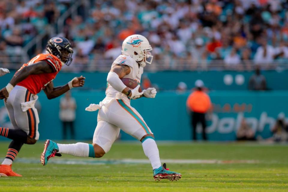 Oct 14, 2018; Miami Gardens, FL, USA; Miami Dolphins wide receiver Albert Wilson (15) runs the ball in for a touchdown during the fourth quarter against the Chicago Bears at Hard Rock Stadium. Mandatory Credit: Douglas DeFelice-USA TODAY Sports