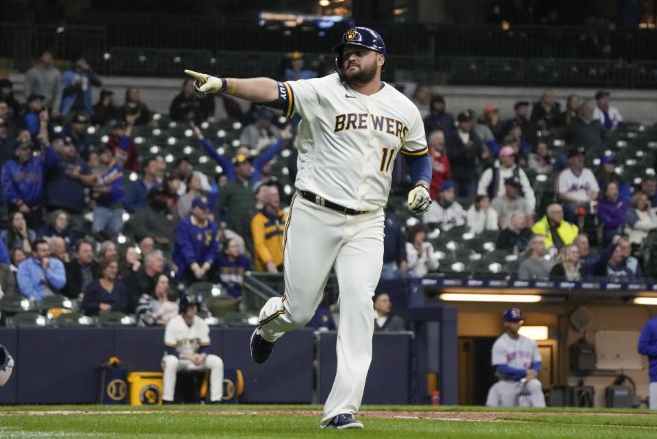 Milwaukee Brewers' Rowdy Tellez celebrates after hitting a home run during the sixth inning of a baseball game against the New York Mets Tuesday, April 4, 2023, in Milwaukee. (AP Photo/Morry Gash)