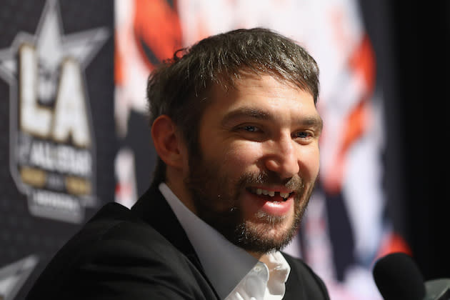 LOS ANGELES, CA – JANUARY 28: Alex Ovechkin #8 of the Washington Capitals reacts during 2017 NHL All-Star Media Day as part of the 2017 NHL All-Star Weekend at the JW Marriott on January 28, 2017 in Los Angeles, California. (Photo by Bruce Bennett/Getty Images)