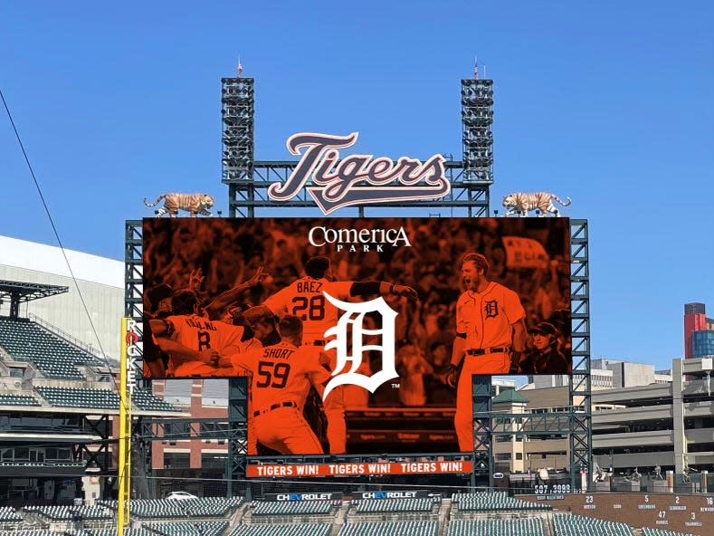 A rendering from the Detroit Tigers of the new 15,688-square-foot videoboard at Comerica Park.