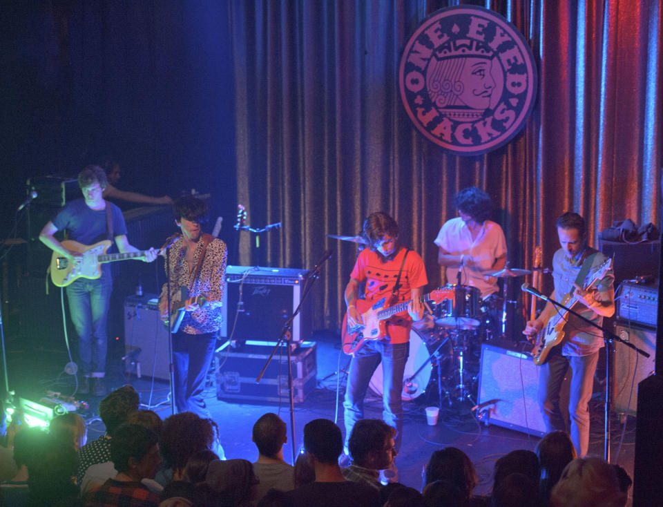 Members of the indie rock group Deerhunter, perform at One Eyed Jack's in the French Quarter in New Orleans, Monday, April 29, 2013. (AP Photo/Matthew Hinton)