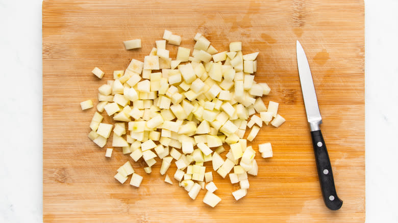 diced pears on chopping board