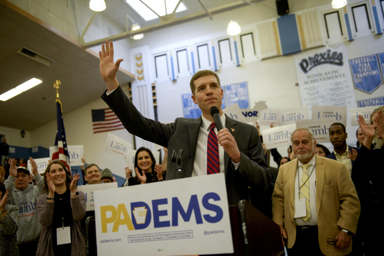 Conor Lamb reacts to winning the Democratic nomination for Pennsylvania’s District 18 special election. (Photo: Jeff Swensen for the Washington Post via Getty Images)