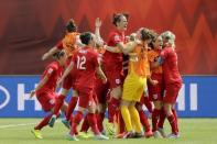 Jul 4, 2015; Edmonton, Alberta, CAN; England reacts after scoring a goal against Germany in extra time during the third place match of the FIFA 2015 Women's World Cup at Commonwealth Stadium. Erich Schlegel-USA TODAY Sports -