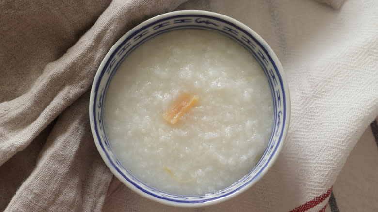 fried scallop and rice congee on towels