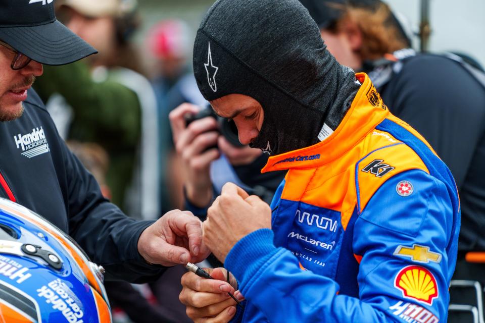 Rookie IndyCar driver Kyle Larson (17) gets prepared Wednesday, April 10, 2024, for open testing at Indianapolis Motor Speedway ahead of the 108th running of the Indianapolis 500.