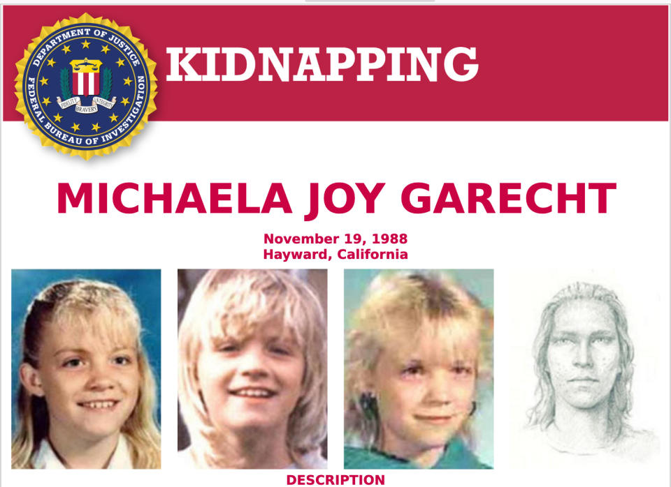 This 1988 poster provided by the FBI shows a wanted poster of photos of kidnapped Michaela Joy Garecht in 1988. On Monday, Dec. 21, 2020, Northern California authorities announced that they have filed charges against convicted killer David Misch in the kidnapping and murder of Garecht, a cold case that stunned the Bay Area for decades. Police said they were only recently able to match a partial palm print at the scene to Misch. Garecht's body has never been found. (FBI via AP)