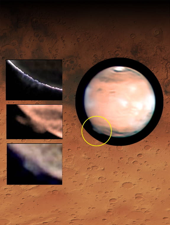 Scientists are puzzled by a mysterious plume that erupted off the surface of Mars in 2012. On the right, the location of the plume is identified in the yellow circle. On the left, close-up views of the changing plume morphology in images taken