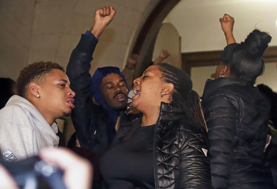 Supporters of Antwon Rose II gather on the steps of Allegheny County Courthouse after hearing the verdict of not guilty on all charges for Michael Rosfeld, a former police officer in East Pittsburgh, Pa., Friday, March 22, 2019. Rosfeld was charged with homicide in the fatal shooting of Antwon Rose II as he fled during a traffic stop on June 19, 2018. (AP Photo/Gene J. Puskar)