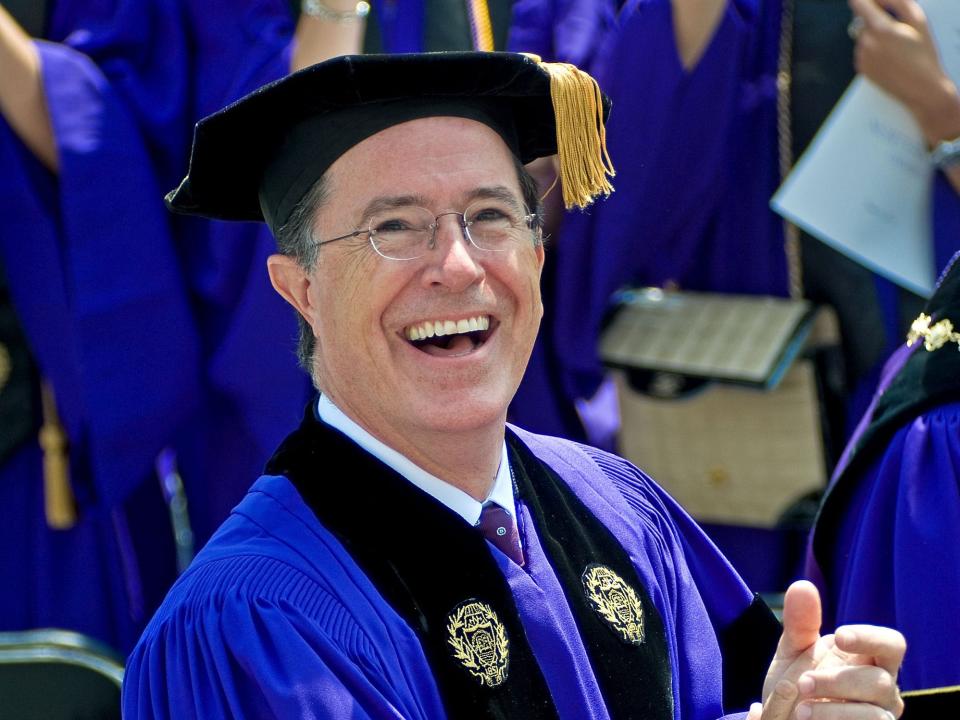 Stephen Colbert in graduation regalia at Northwestern University