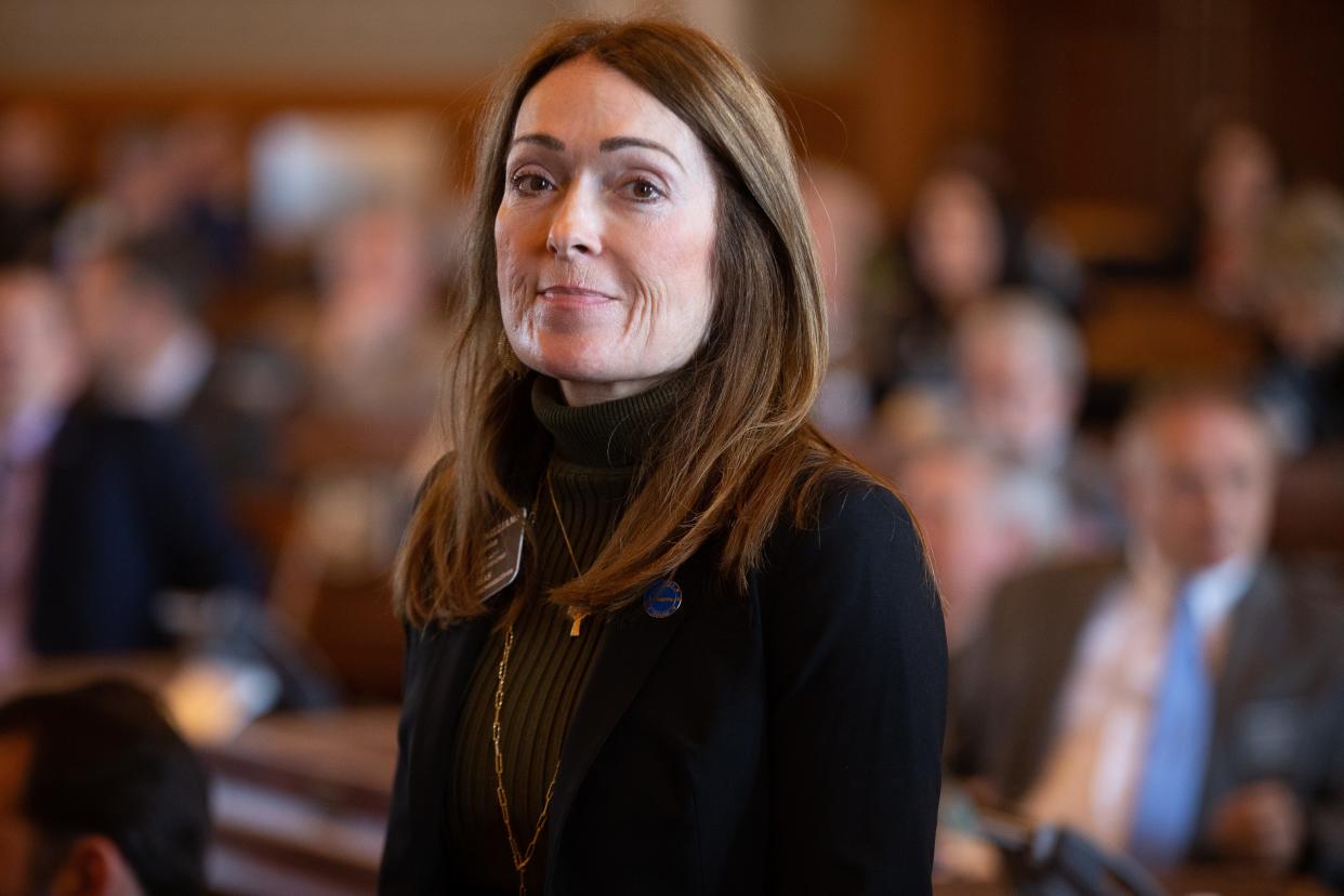 Rep. Kristey Williams, R-Augusta, looks into a camera following the passage of an amendment on SB 83 last month.