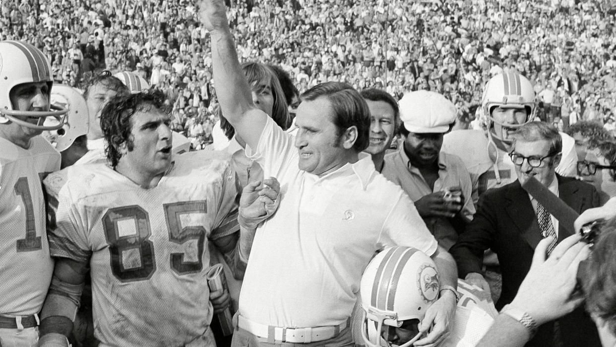 Mandatory Credit: Photo by Anonymous/AP/Shutterstock (10456491a)Miami Dolphins coach Don Shula lets out with a roar as the gun sounds to give his Dolphins a 14-7 Super Bowl victory over the Washington Redskins in Los Angeles.